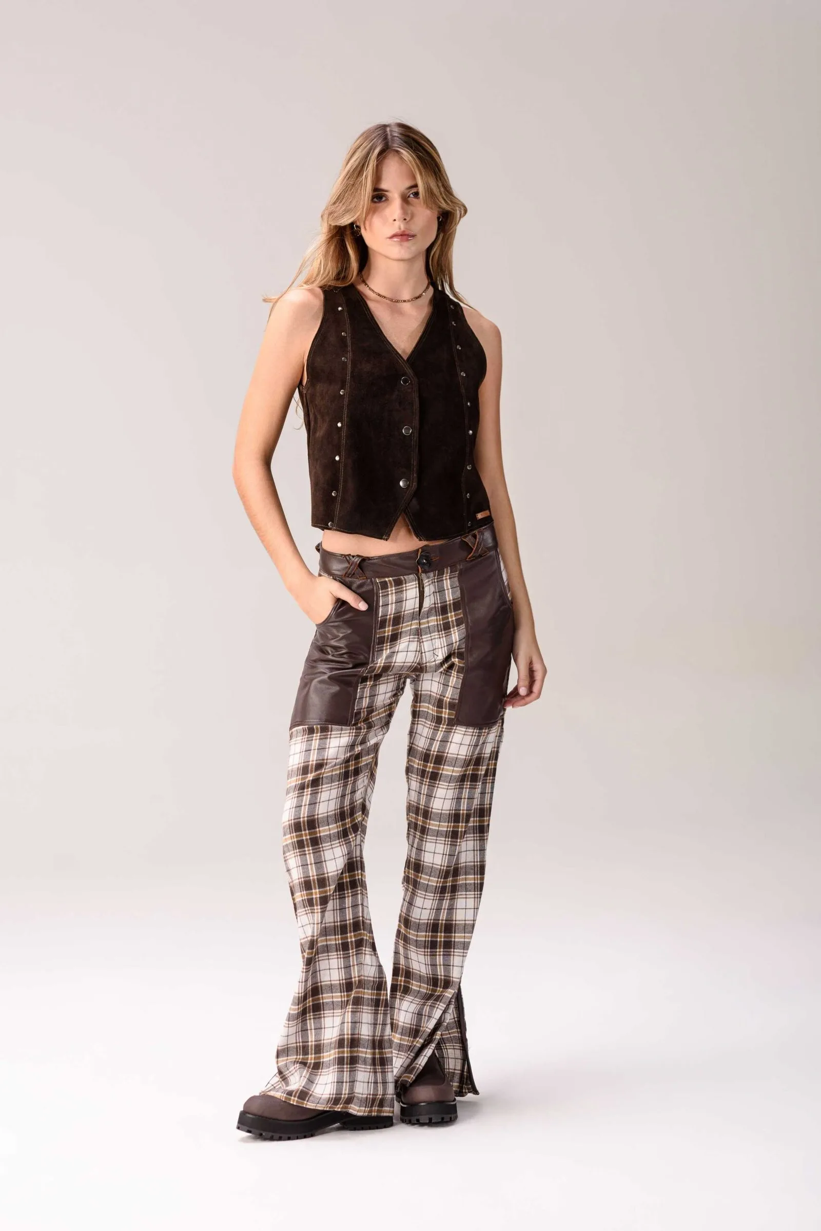 Pantalón Sur (Tartán y cuero) Negro